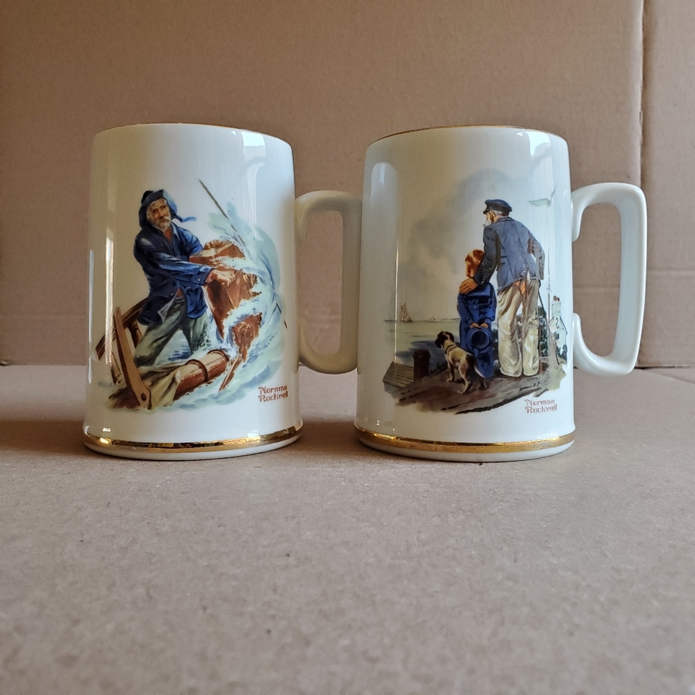 NORMAN ROCKWELL Museum Mugs Looking Out To Sea & Braving The Storm 1985 Tankard